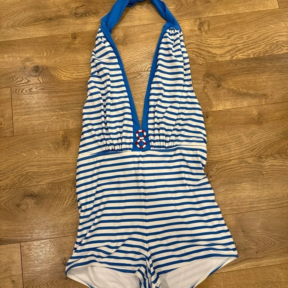 Unique Vintage Retro One Piece Swimsuit Blue/Wh Stripe 1X Rare Sailor Nautical